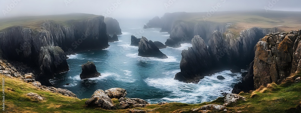 Poster breathtaking scenic view of rugged cliffs and ocean waves in a misty coastal landscape : generative 