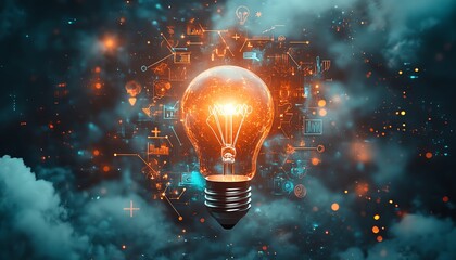 Flat lay composition of a rocket light bulb flying towards the sky, surrounded by creative symbols like arrows, stars, and clouds, signifying a launch of new ideas