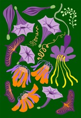 Card (poster) of isolated folk flowers and leaves in flat primitive style. Digital illustration for branding, printing, design.