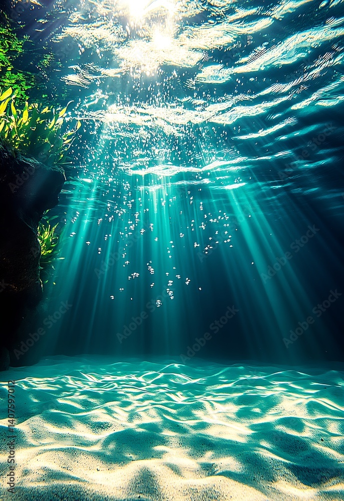Poster mesmerizing underwater landscape with light rays penetrating the surface creating a magical ambiance