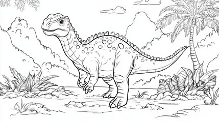 A line drawing of a friendly dinosaur in a lush prehistoric setting, showcasing a playful and cheerful demeanor.