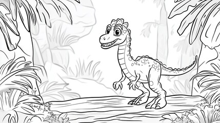 A line drawing of a friendly dinosaur in a lush prehistoric setting, showcasing a playful and cheerful demeanor.