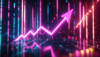 Neon upward arrow graph against abstract blue and pink vertical light streaks.