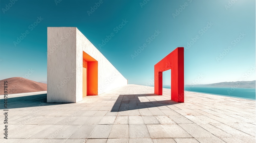 Poster a minimalist architectural scene featuring two geometric structures against a clear blue sky, castin