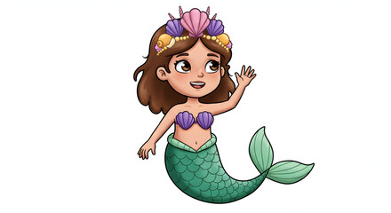 Enchanting Mermaid's Greeting: A captivating illustration of a mermaid, crowned with shells and adorned in vibrant hues, gracefully waving in a whimsical undersea scene.
