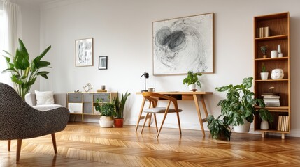 Modern living room with plants & art.