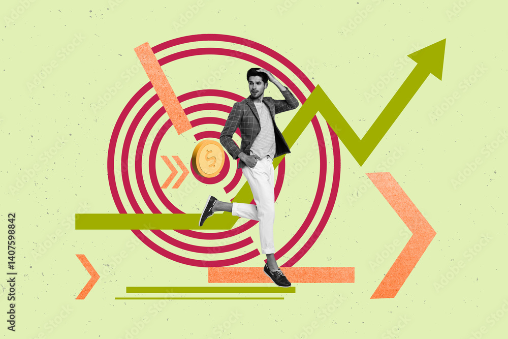 Poster image trend collage of business person run with arrows coins button lines on green color background