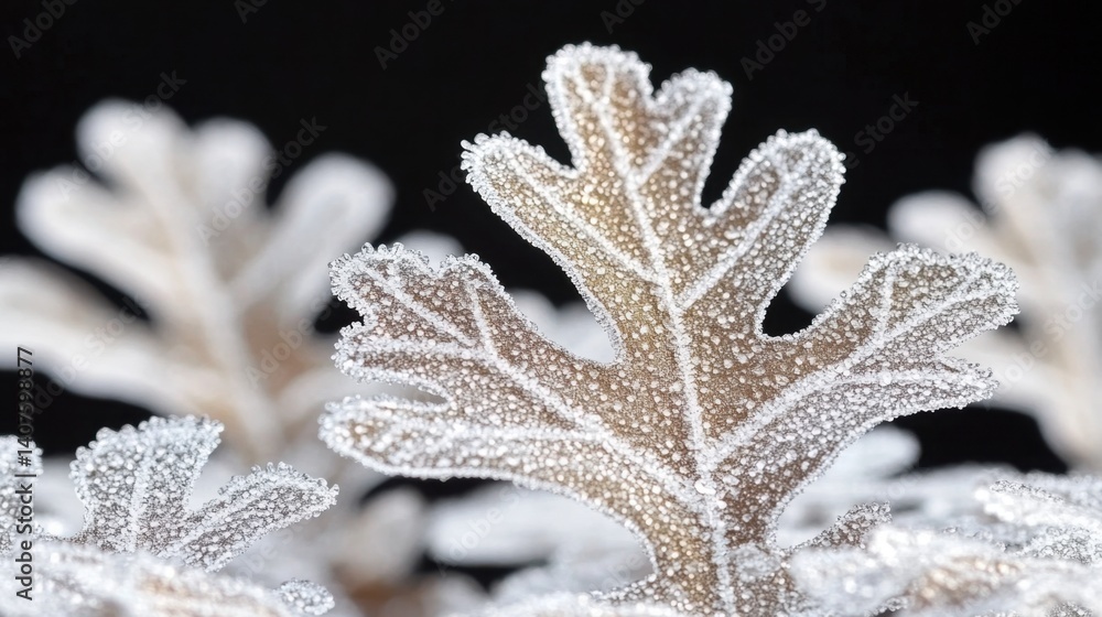 Poster frosty plants covered in ice captured against a dark black background creating a cold and serene vis