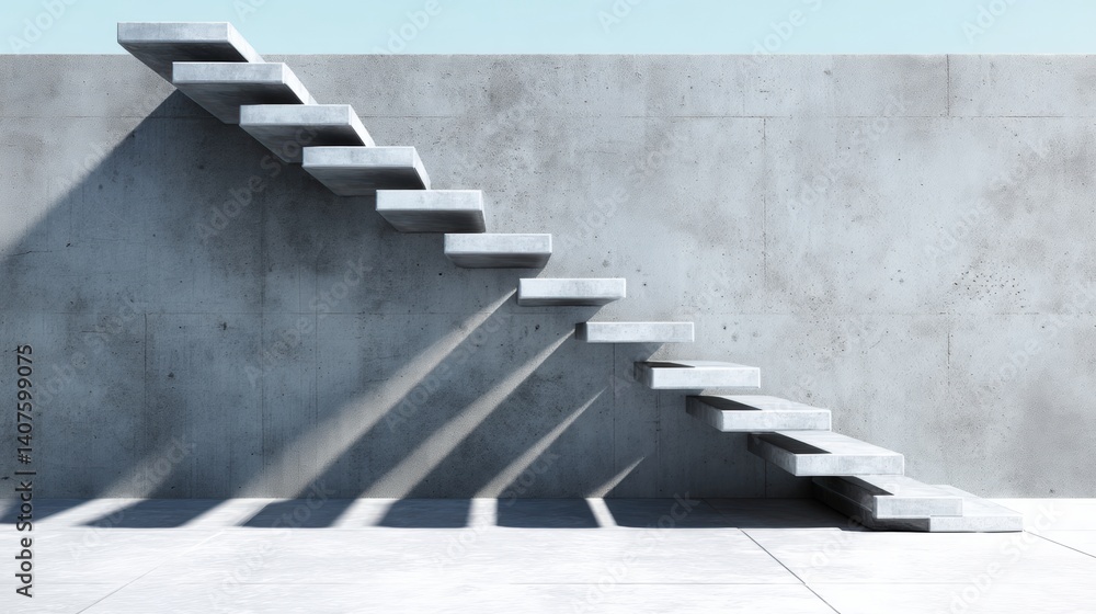Poster a minimalist concrete staircase casts long shadows against a smooth wall, creating a stark yet elega