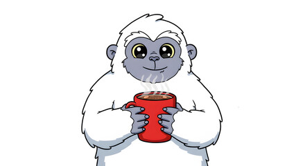 Cozy Yeti: A friendly and endearing yeti clutching a steaming mug, radiating warmth and comfort. A charming illustration, exuding an atmosphere of coziness.