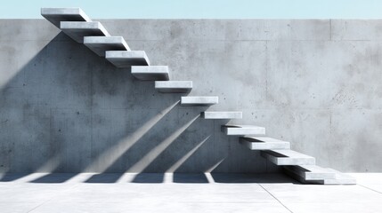 A minimalist concrete staircase casts long shadows against a smooth wall, creating a stark yet elegant visual contrast in a modern space, Modern Minimalist Architecture.