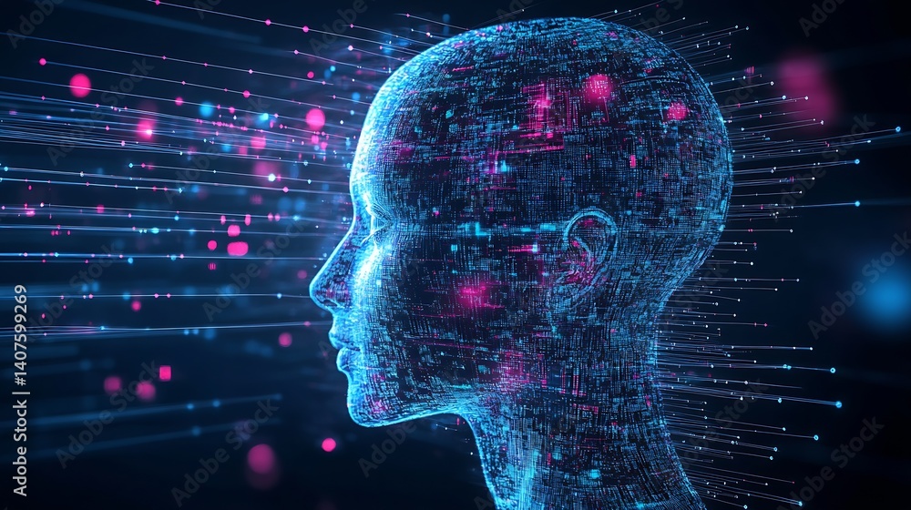 Poster profile view of a digital head lit with vibrant data streams showcasing the potential of artificial 