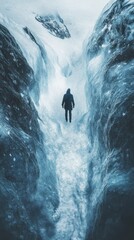 Solitary figure standing in a narrow gorge surrounded by snow-covered mountains