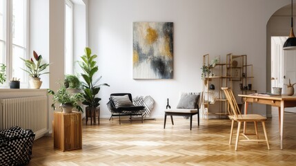 Modern living room with herringbone floors, plants, and abstract art.