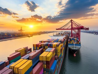 Naklejka premium Logistics and supply chain visual with cargo ship, shipping lanes, and containers