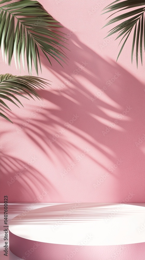 Poster soft pink background with elegant white podium and tropical palm leaf shadows creating a serene, min