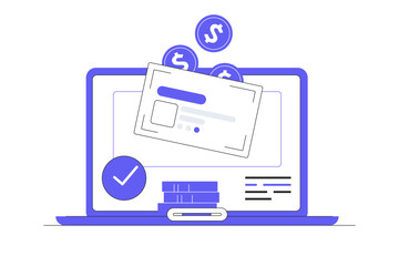 Сoins falls on credit card,laptop with credit card isolated on white background, online bank operation concept. Flat Cartoon Vector Illustration, icon. Stylish abstract design landing page