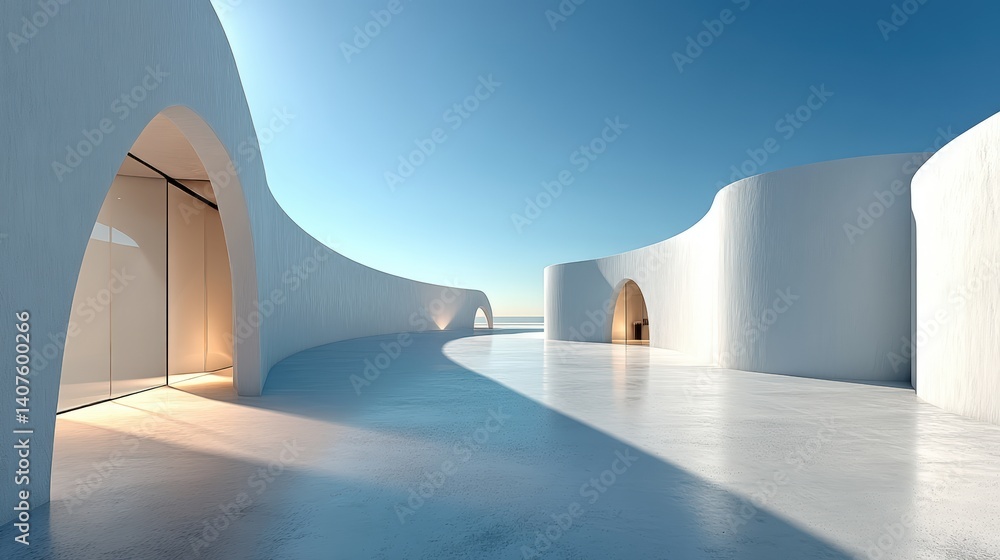 Poster a modern architectural design featuring smooth, curved structures against a clear blue sky, creating