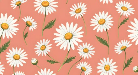Obraz premium Hand-Painted Watercolor Daisy Flower Pattern on Coral Background for Fresh Design.