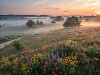 Obraz premium Drone's eye view: a sunrise paints a foggy wildflower field in ethereal beauty.