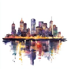 Fototapeta premium Watercolor City Night Skyline with Colorful Lights and Reflections