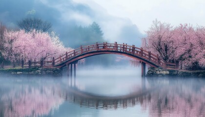 Obraz premium Enchanting landscape featuring an arched bridge shrouded in mist and blooming cherry trees