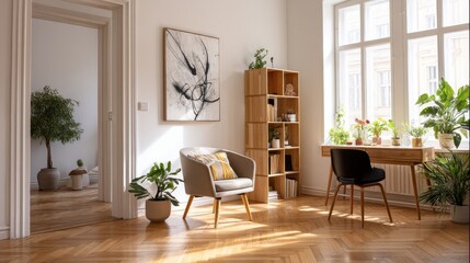 Fototapeta premium Bright living room with armchair, bookshelf, and plants.