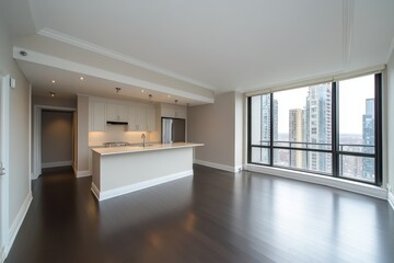 Obraz premium Modern condo interior with open layout kitchen and floor to ceiling windows. Showcase luxury real estate or interior design concepts with a spacious area.