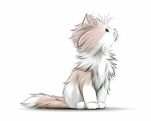 Adorable fluffy kitten sitting, looking up, light brown and white fur