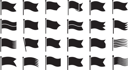 Waving flag silhouette vector icon set collection, banner shapes, wind motion graphic, decorative symbol elements