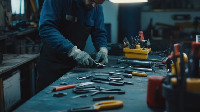 Construction worker organizing tools at a construction site. Featuring practicality and efficiency