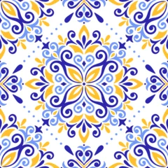 Rolgordijnen Portugal keramische tegels Mediterranean blue yellow seamless pattern, white background. Mosaic, traditional Portuguese, Moroccan, or Spanish motifs. Floral and geometric ornament for textile, ceramic tile. Vector illustration  © Vodoleyka