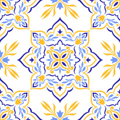 Mediterranean blue yellow seamless pattern on white background. Traditional folk Portuguese, Moroccan, or Spanish motifs. Floral ethnic ornament for textile, ceramic tile. Vector illustration