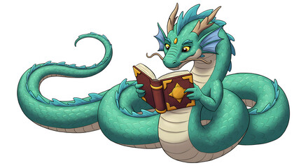 Dragon Reads: A whimsical green dragon with large blue eyes and horns, rests coiled on the floor with its tail curled around itself, engrossed in a book of ancient lore. 