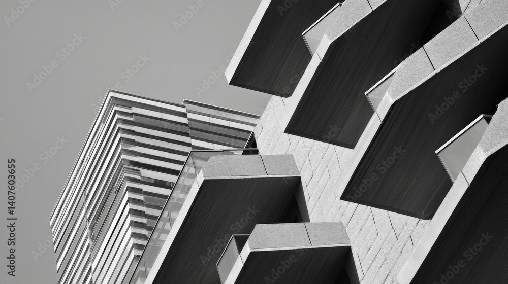 Poster a striking architectural image showcasing modern buildings with unique patterns and textures, emphas