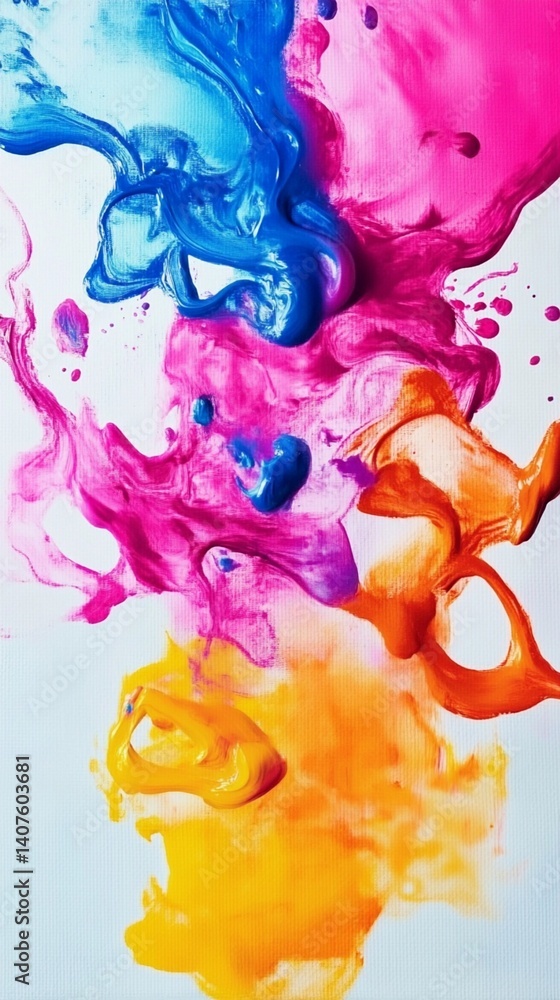 Poster a vibrant blend of blue, pink, and yellow paint swirls in abstract and colorful patterns, capturing 