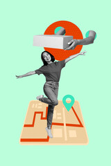3d sketch image vertical collage of happy girl jump map navigator gps icon hands hold box shipment...
