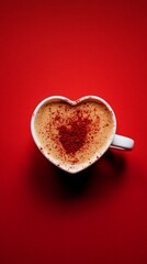 Romantic heart-shaped cappuccino with cocoa powder creating a heart design, symbolizing love and passion against a vibrant red background