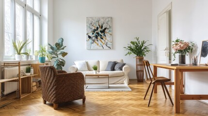 Fototapeta premium Bright living room with beige sofa, wooden floors, and wicker armchair.