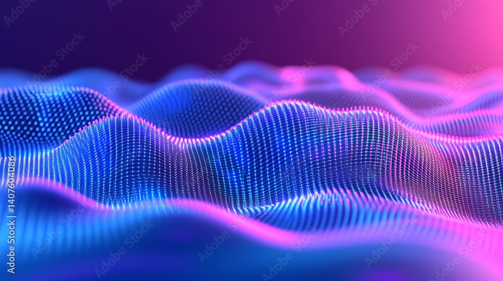 Aufkleber Mesmerizing digital waves of blue and pink hues form a captivating abstract surface in a futuristic setup : Generative AI