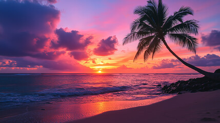 Vibrant sunset over the ocean with silhouetted palm tree on a tranquil beach