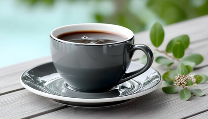 Fototapeta premium Dark gray coffee cup on saucer outdoors