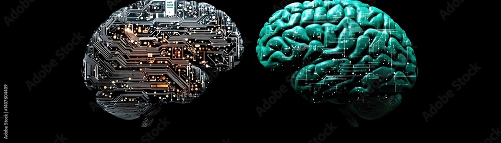 Poster futuristic artificial intelligence concept, human brain linked with ai network, technology, business