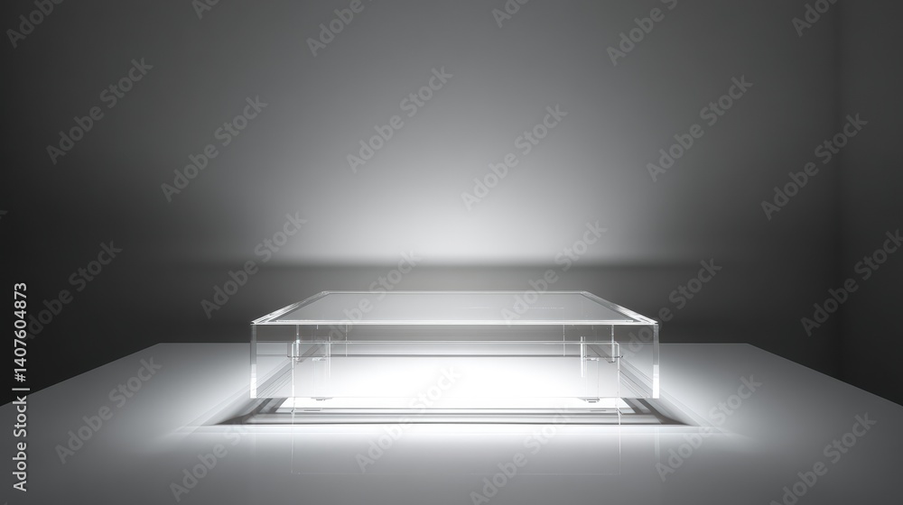 Poster a minimalist, transparent display case illuminated by soft light, emphasizing its sleek design again