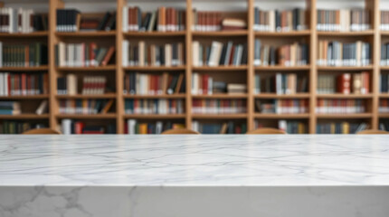 Empty marble tabletop with blurred bookshelf behind
