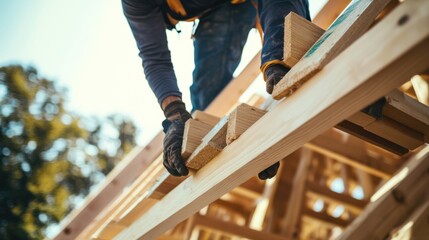 Construction worker placing beams for roof installation. Featuring coordination and precision