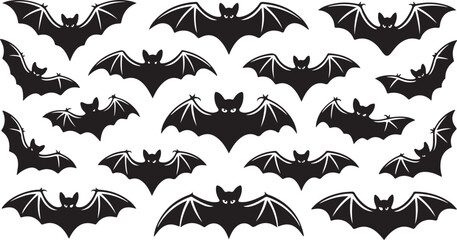 Collection of flying bat silhouettes in various wing positions, perfect for Halloween themes, horror art, dark fantasy, or spooky designs