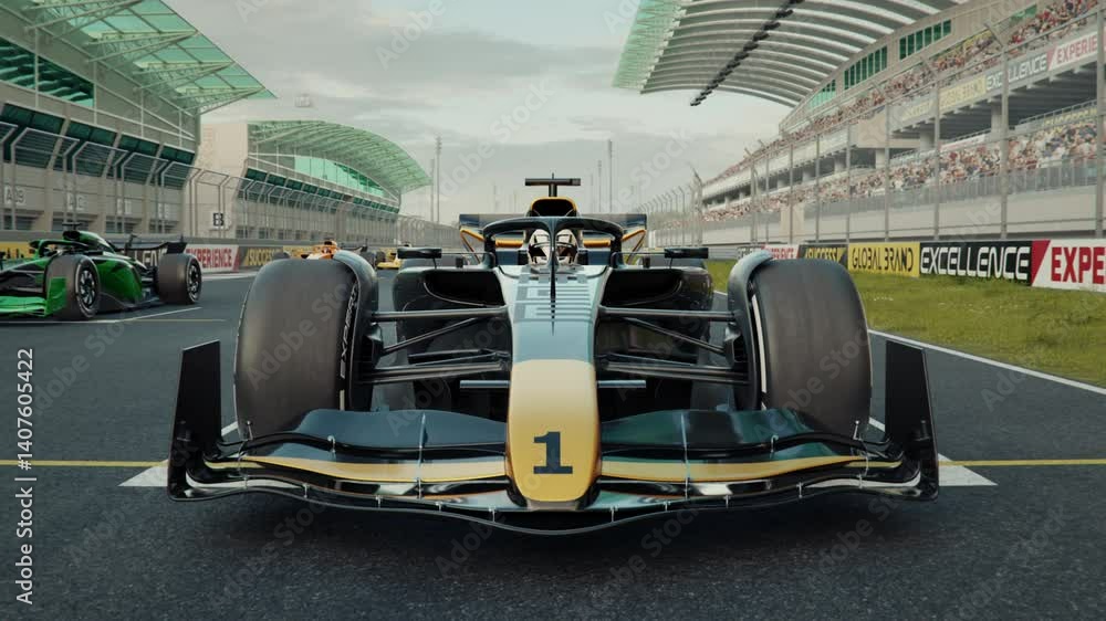 Poster zoom out of number 1 to reveal a generic race car starting from pole position. low to high angle vie