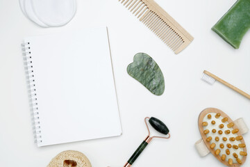 Eco-friendly beauty products: massage brush, loofah, marble roller, towel, reusable cotton pads,...