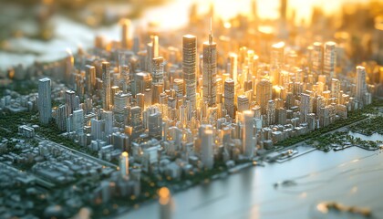 Golden sunrise over a modern city skyline.